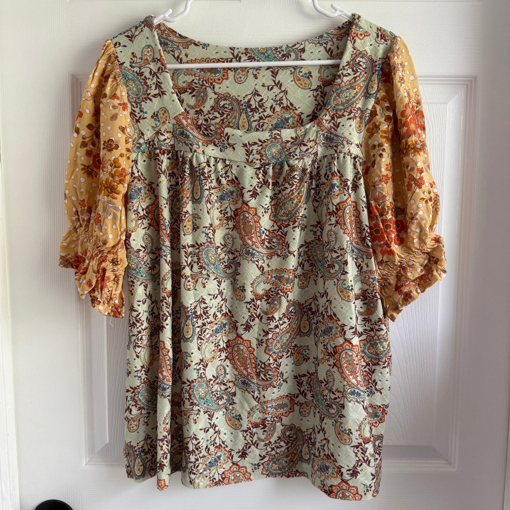 Cato Women Large Paisley Eyelet Mixed Print Babydoll Blouse Floral Puff Sleeve
